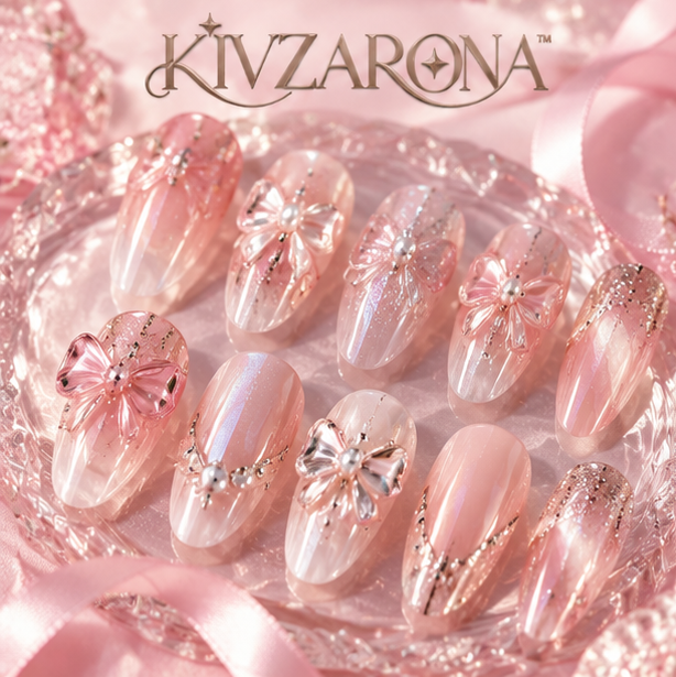 Crystal Bow Pink Nails